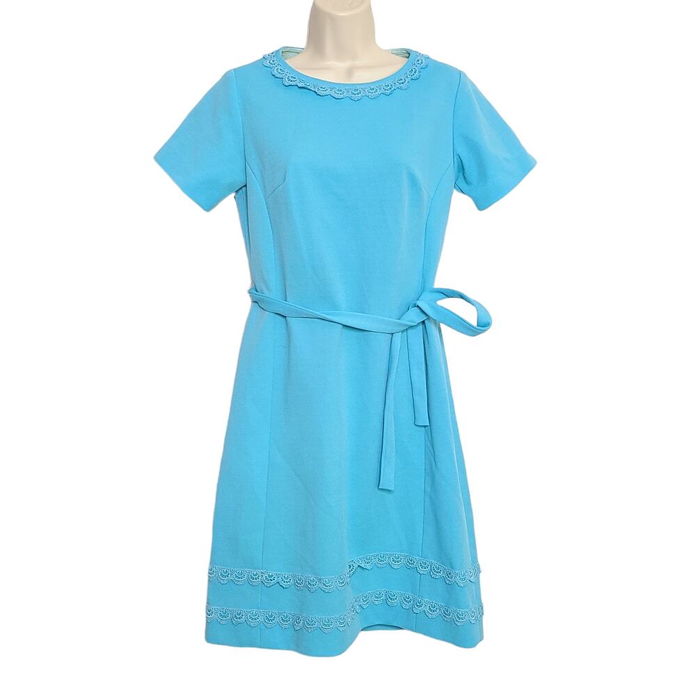 Vintage Dress City Scene 60s 70s Blue Small Short Sleeve Lace Tie Waist